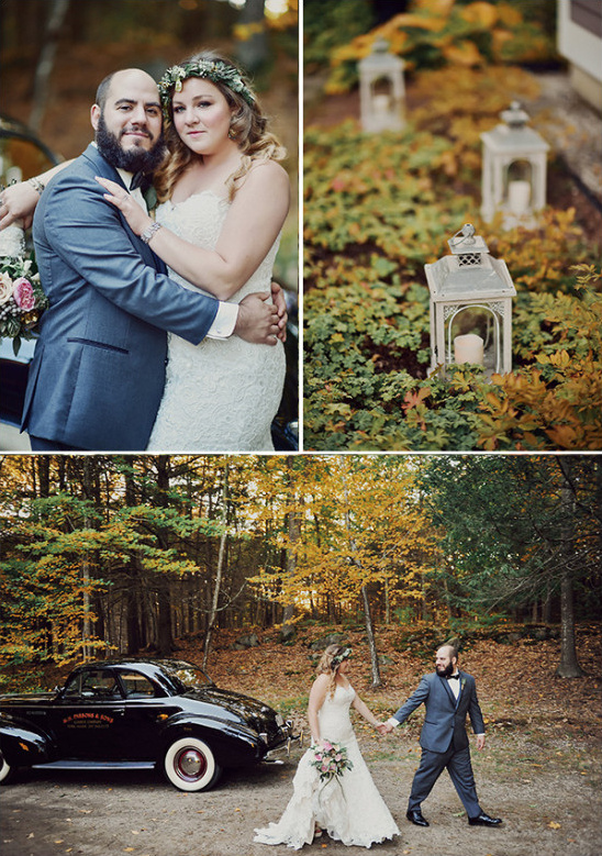 Autumn wedding with a vintage car and lantern decor