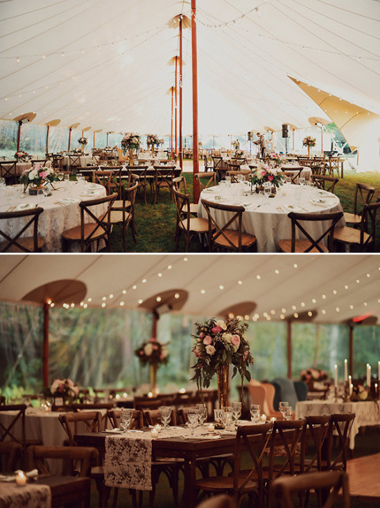 vintage tent wedding reception with lace runner tables and bestro lights