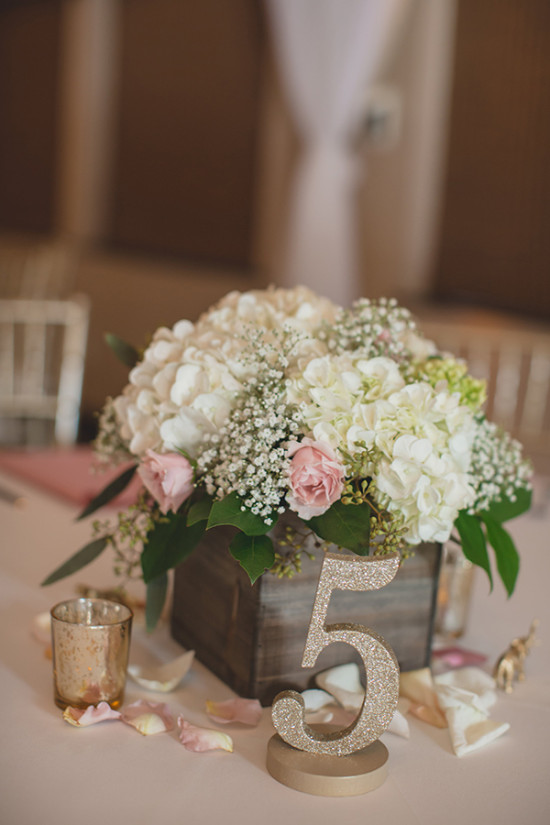 glitter table number with cute pink and white flower box centerpiece