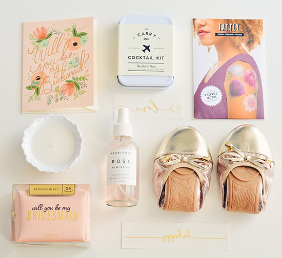 Bridesmaid proposal box with gifts and a will you be card