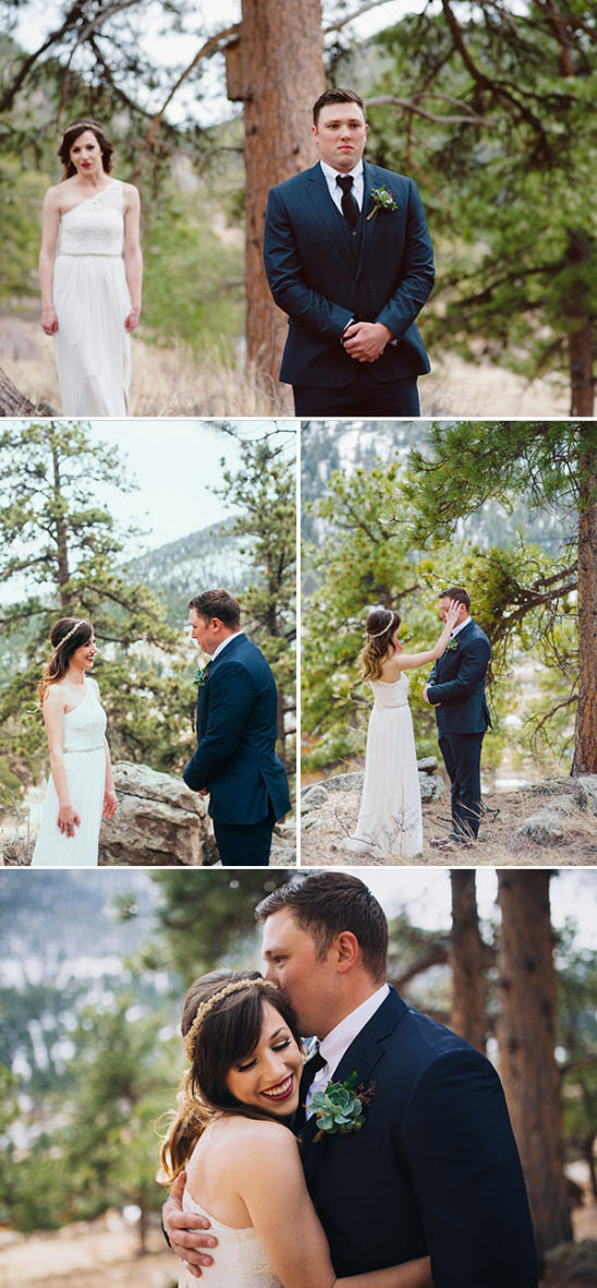 Outdoor wedding first look to loving embrace bride groom