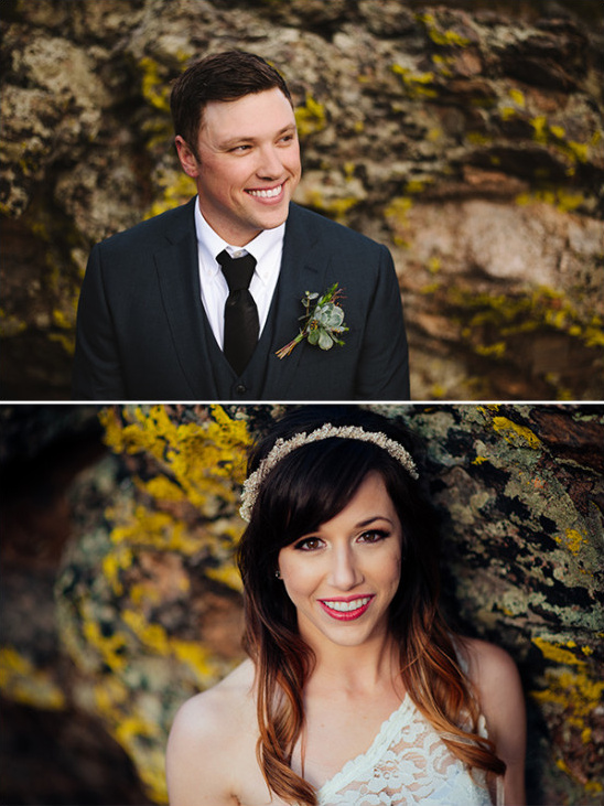Bride and groom smiling on their wedding day outdoors
