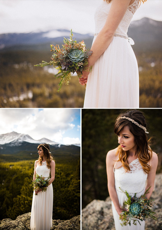 Bohemian bride holds wedding bouquet in mountain setting