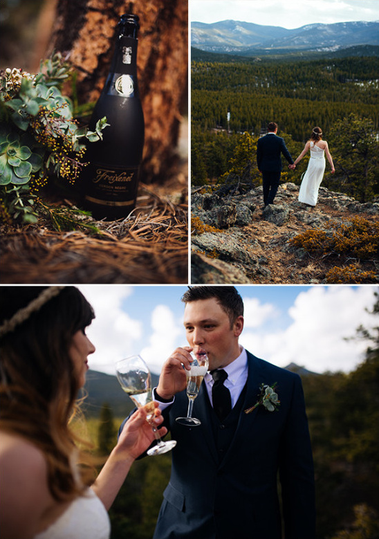 Newlyweds celebrating their mountain top wedding with champagne