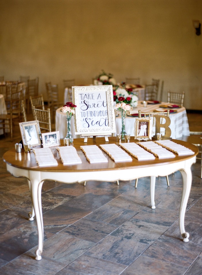 Wedding seating chart on table with sign and place cards