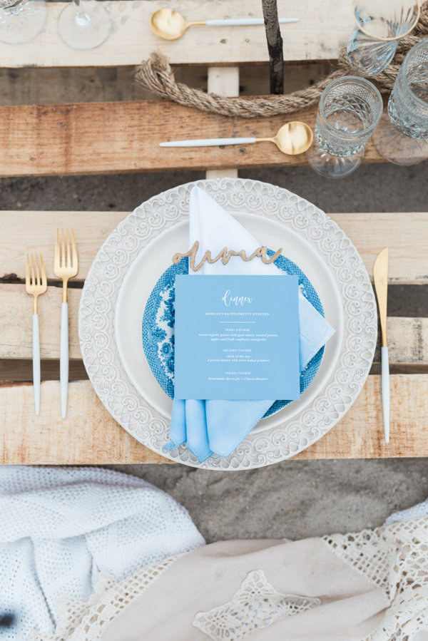 blue and white table set up