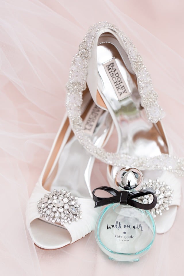 white Badgley Mischka wedding shoes and Kate Spade perfume