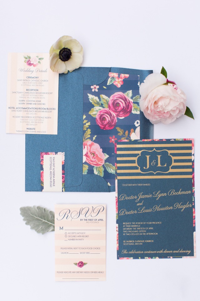 navy and floral themed wedding stationery