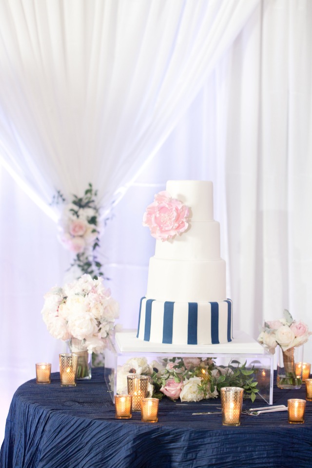 navy and white chic wedding cake