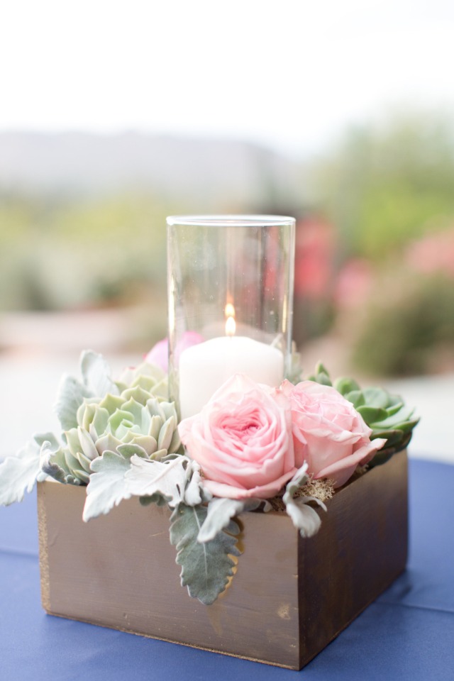 candle lit flower box centerpiece
