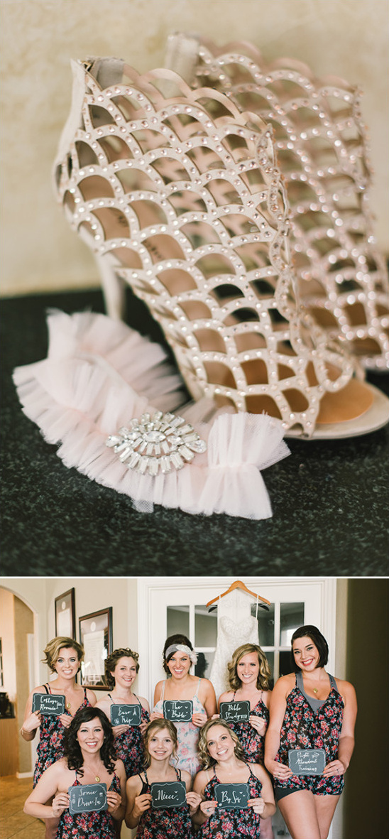 glamorous wedding shoes and cute bridal party photo idea