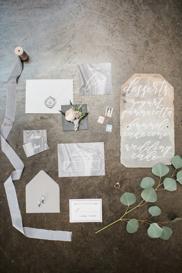 modern grey and white marble wedding stationery