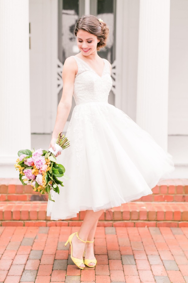 sweet bride in tea length wedding dress and yellow shoes
