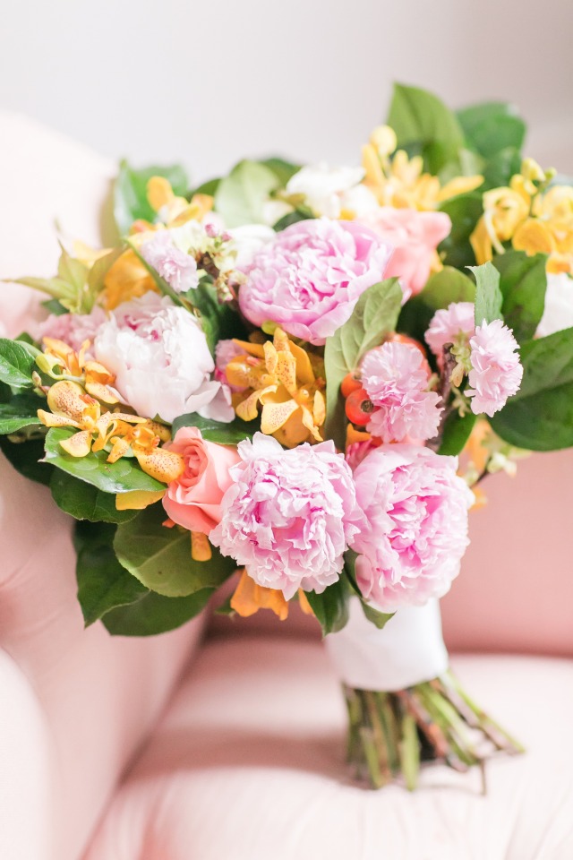 pink yellow and orange wedding bouquet