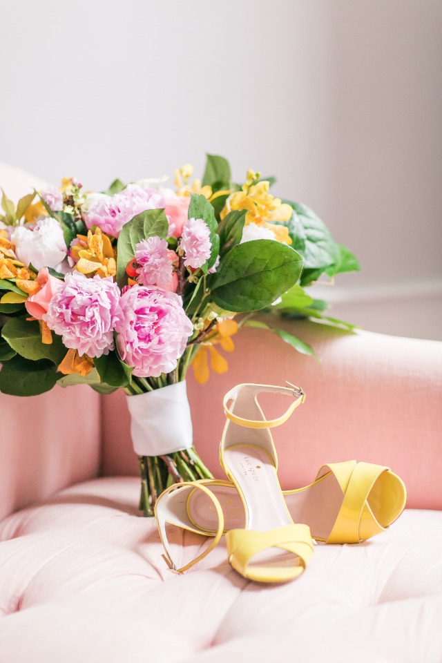 lemon yellow Kate Spade shoes and bright bouquet