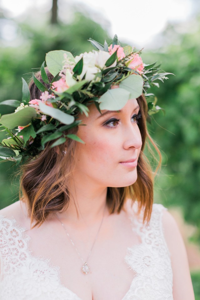 flower crown in pink white and silver dollar eucalyptus