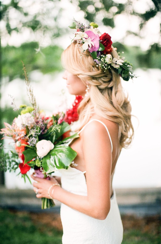bohemian bridal style with flower halo and tropical bouquet