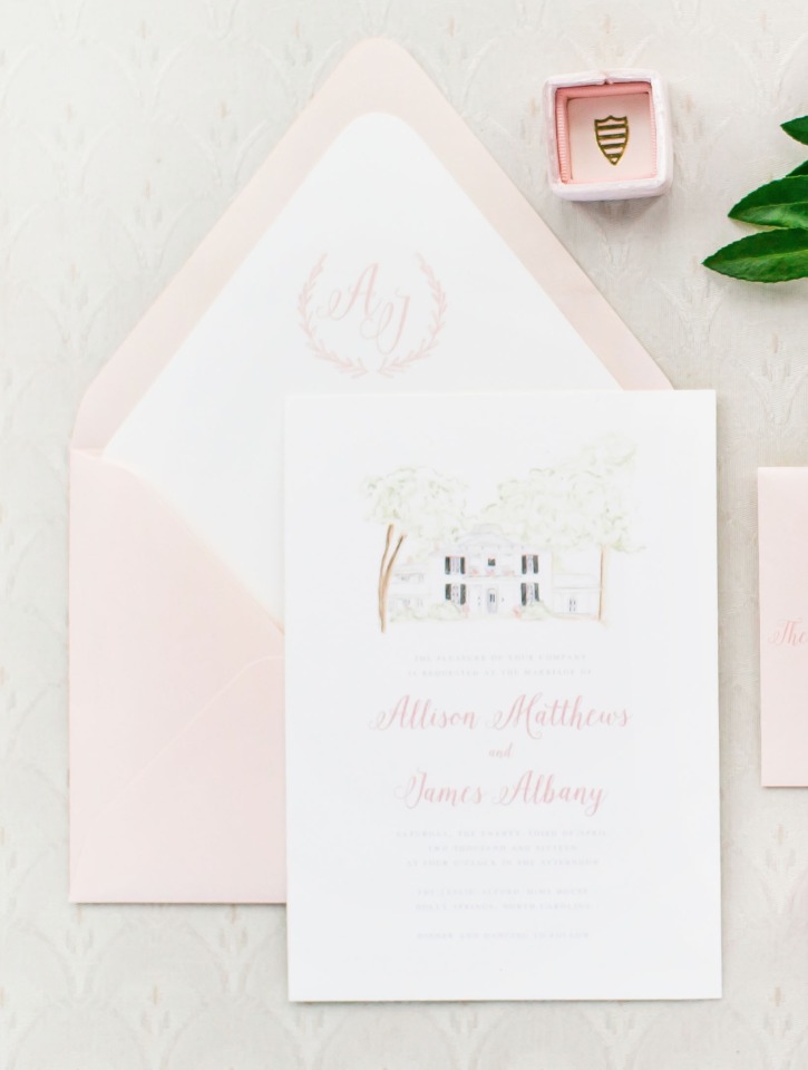 soft pink wedding invitations with classic southern monogram