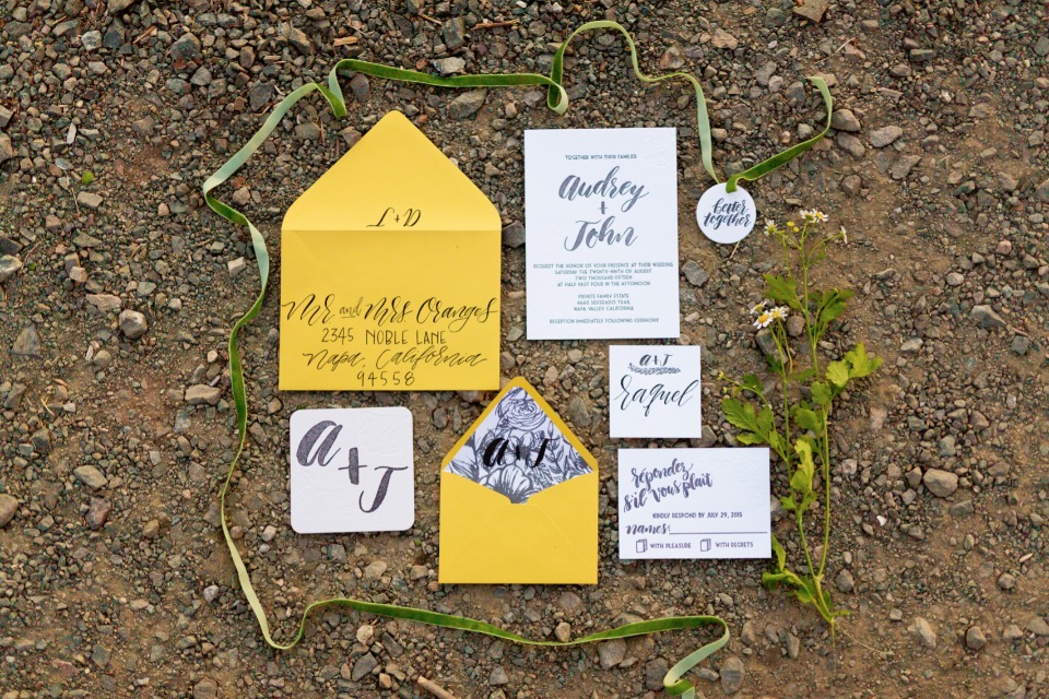 Yellow grey and white invitation suite