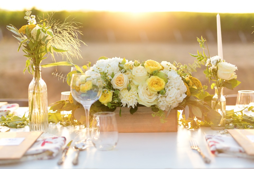 White and yellow flower box centerpiece