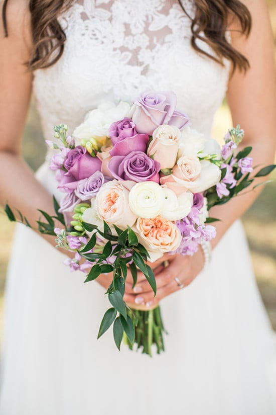 purple peach and white wedding bouquet