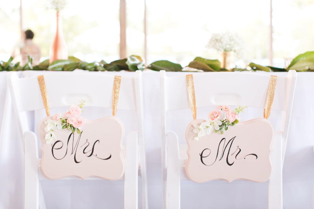 blush pink mr and mrs chair signs