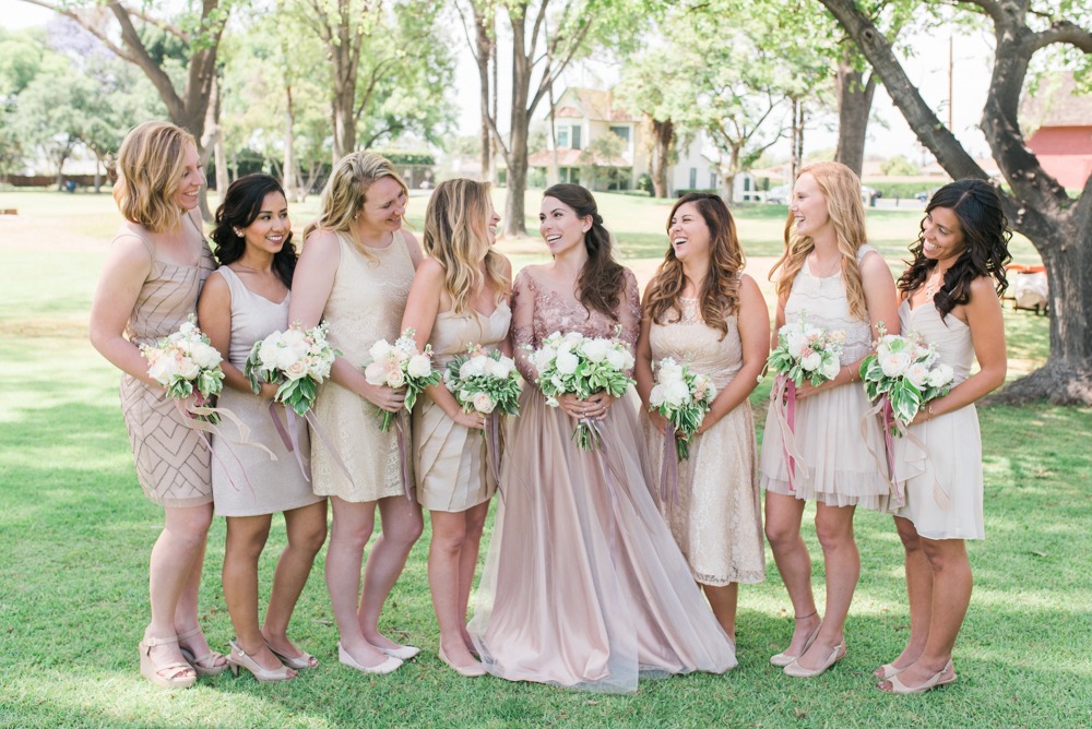 Bridesmaids in mismatched dresses