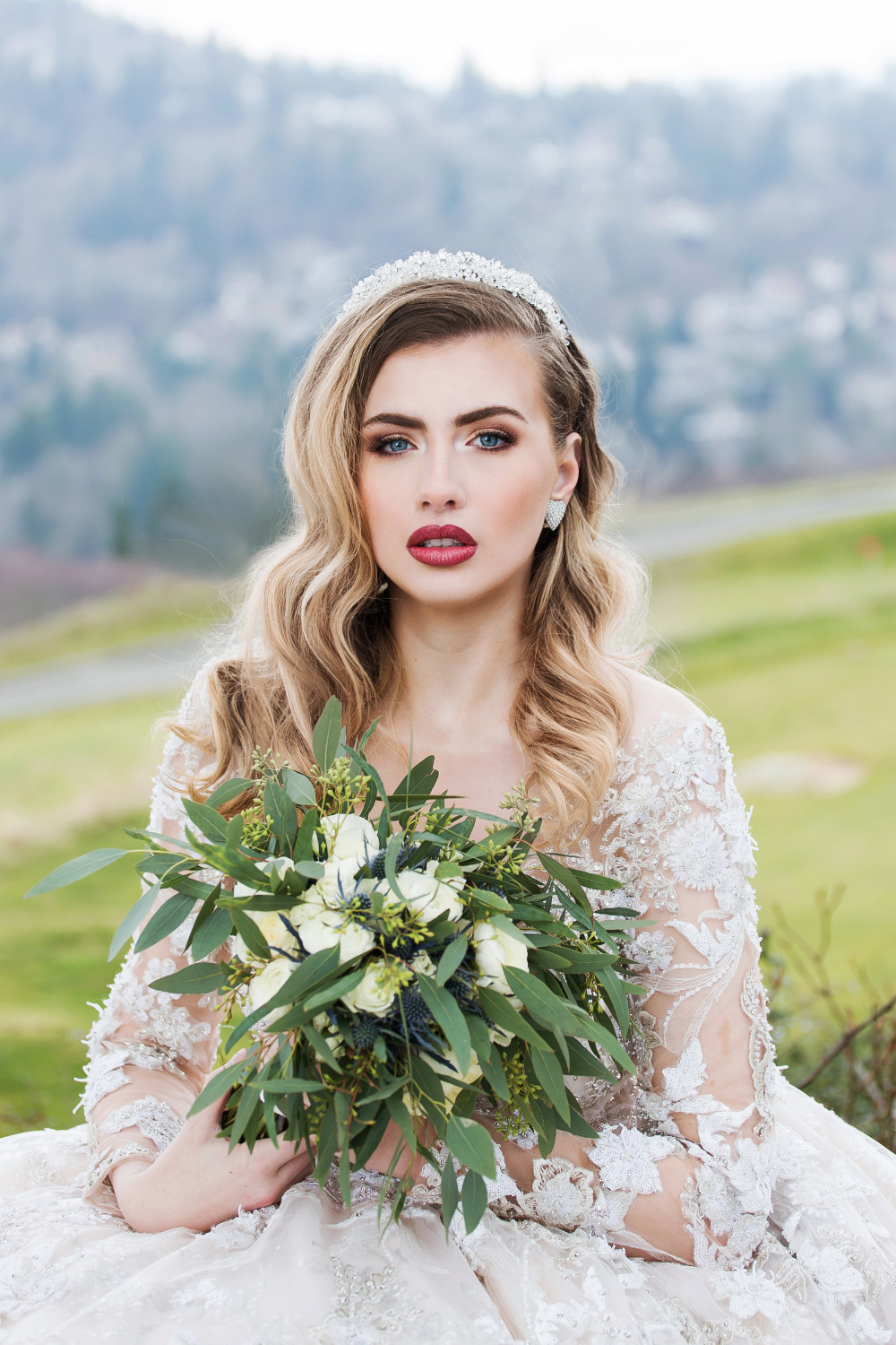 stunning bridal hair and makeup with simple bouquet