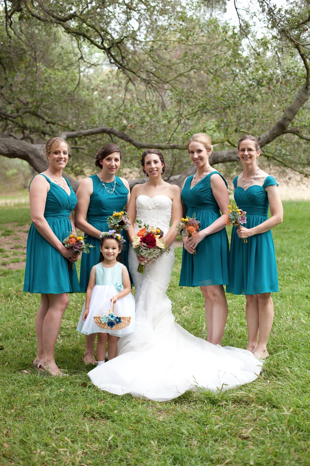 teal blue tea length bridesmaid dresses
