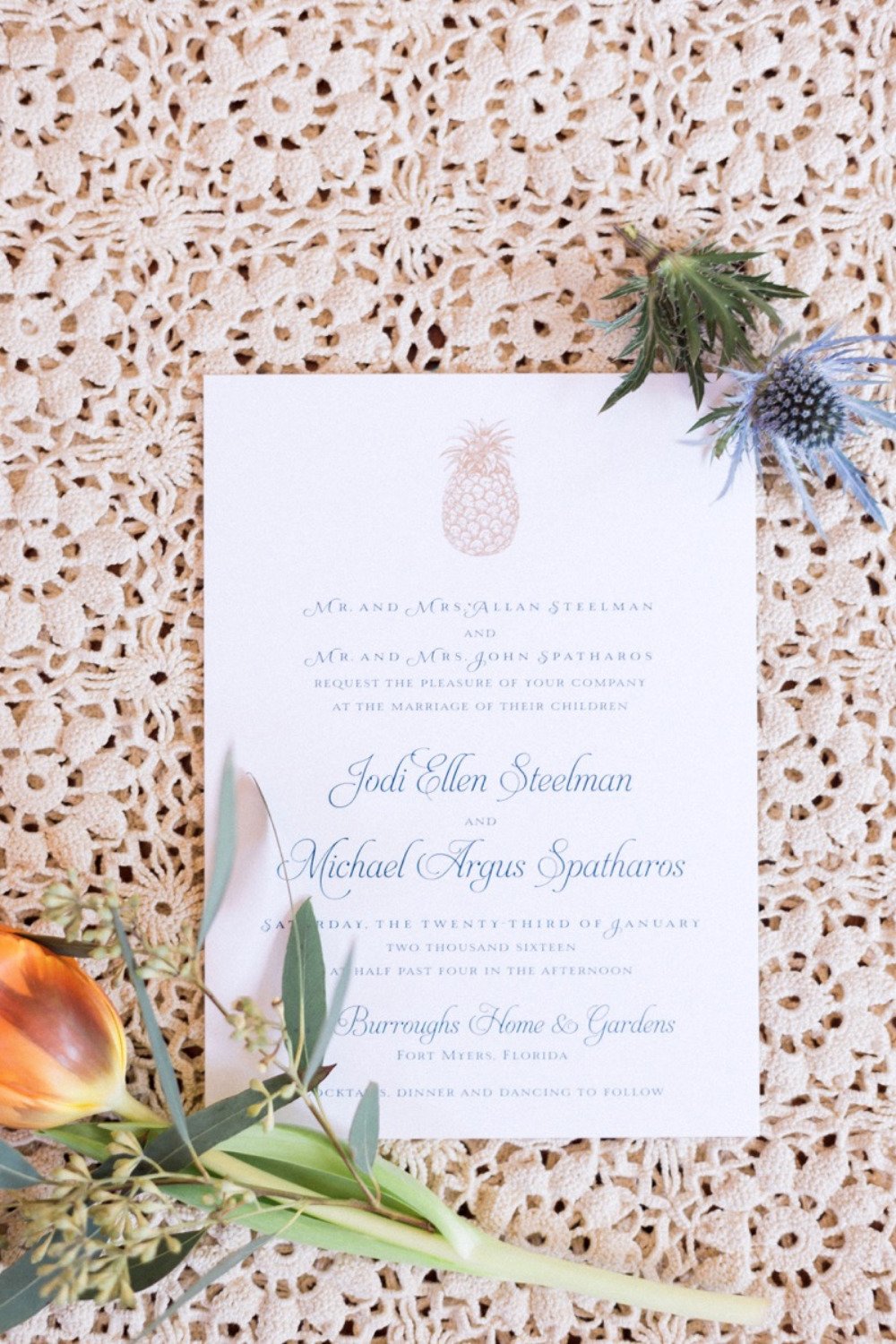gold blue and white pineapple invites