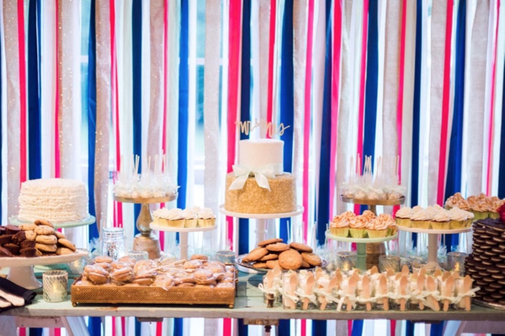 dessert table with streamer backdrop