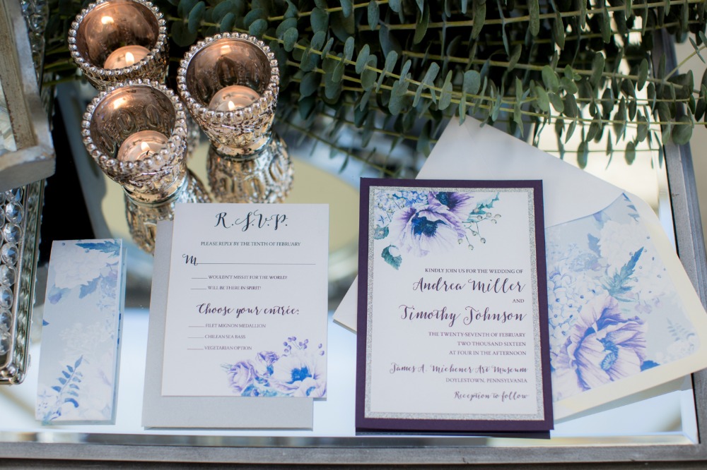 Purple floral invitation suite