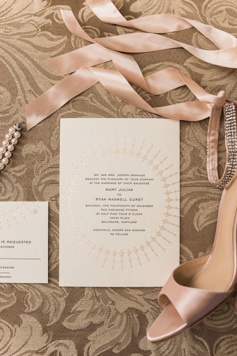 gold embossed art decor wedding invitations