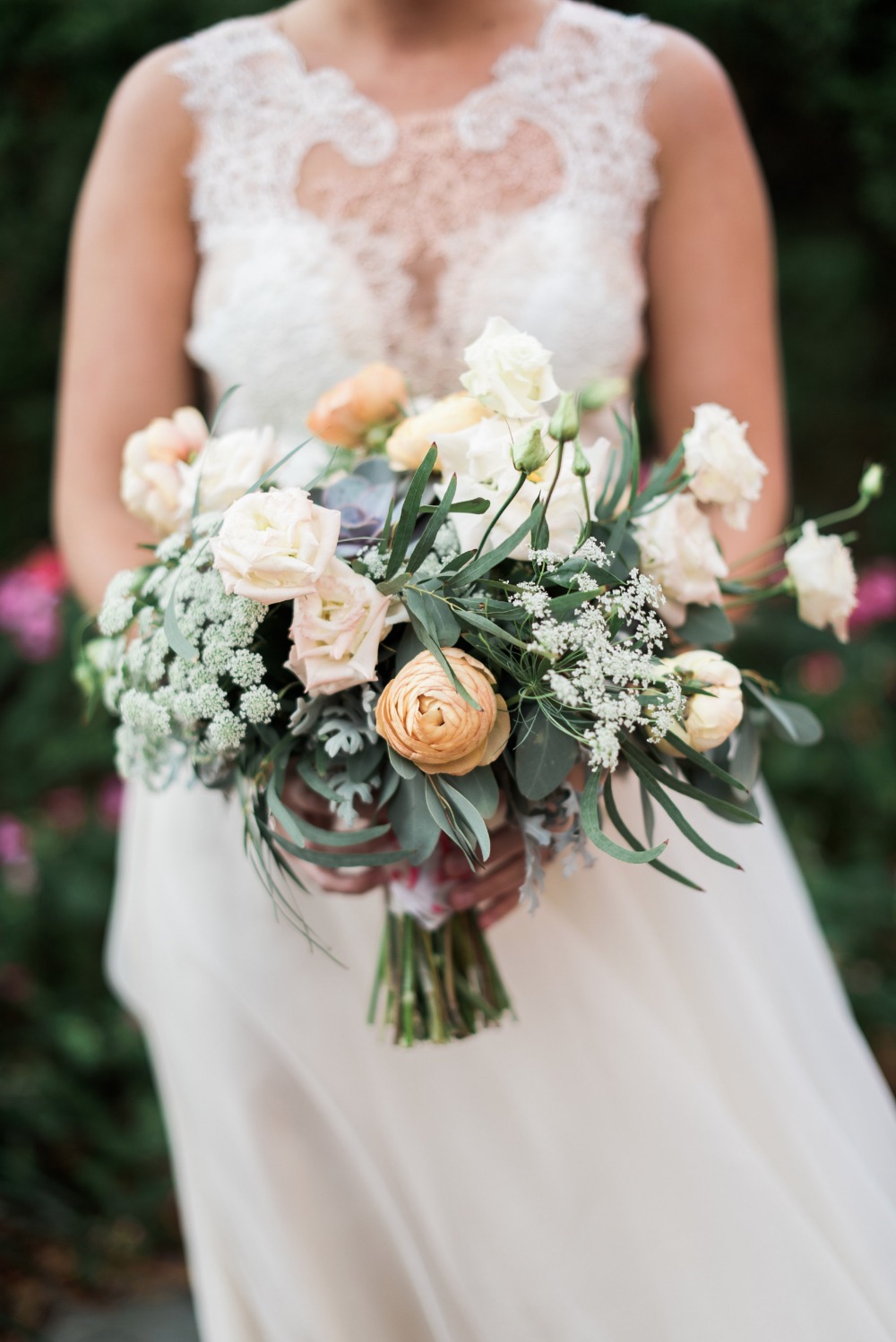 wedding bouquet with roses and queen annes lace