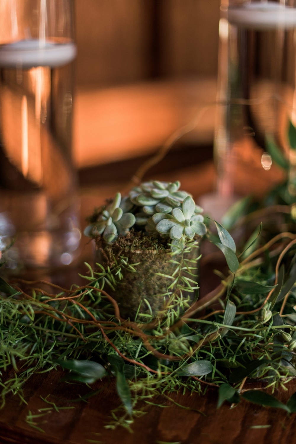 succulent and evergreen wedding aisle decor