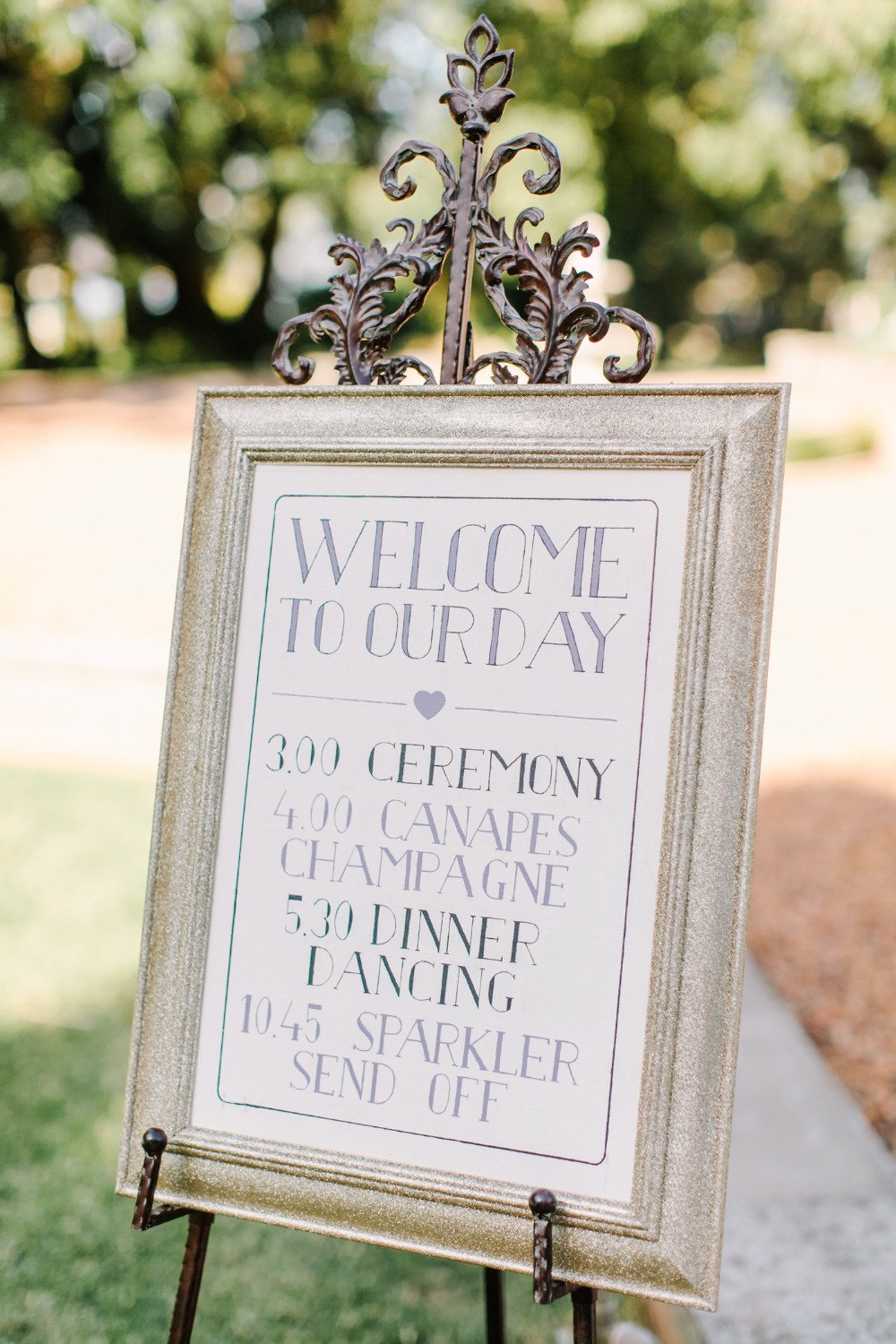 wedding welcome sign with gold glitter
