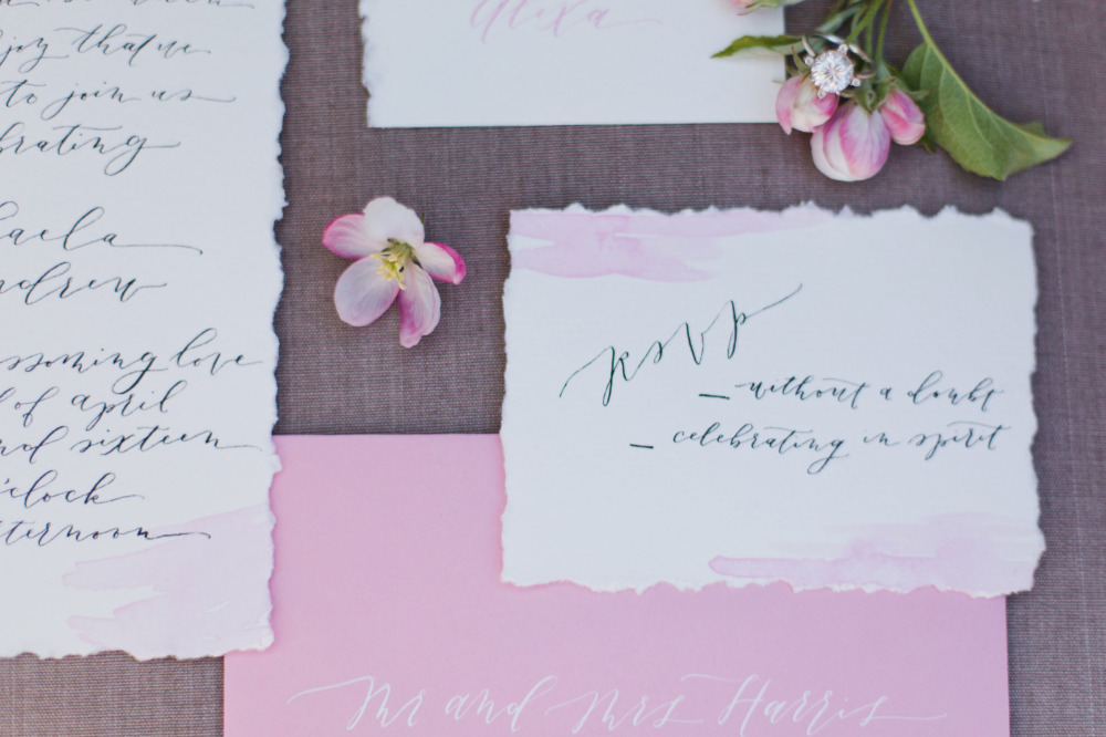 pink watercolor wash wedding stationery