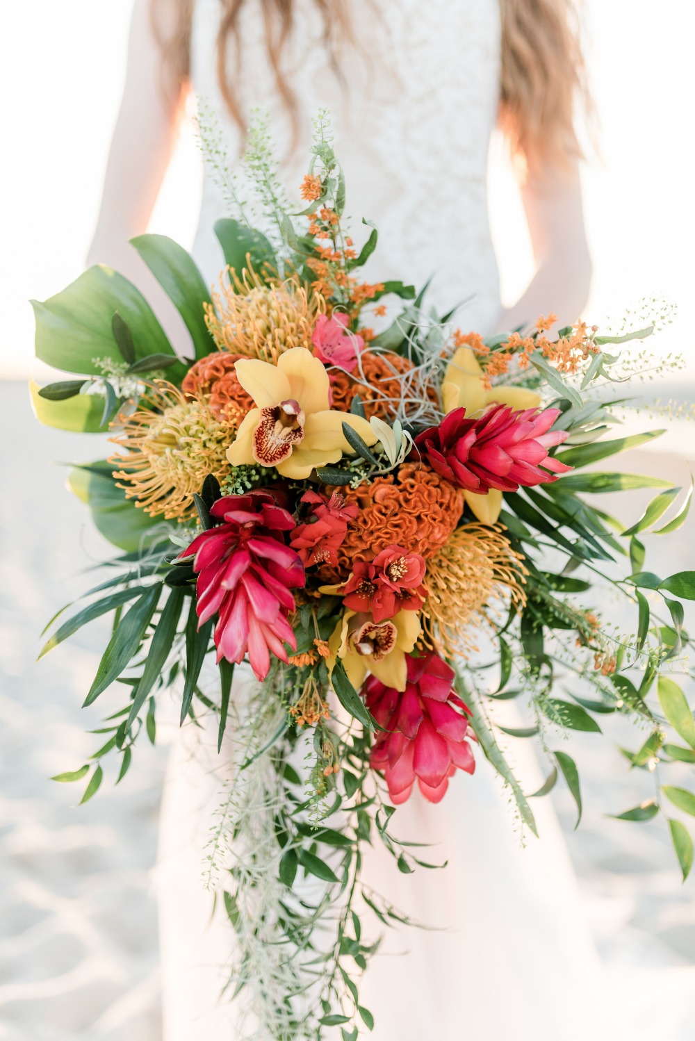 Red yellow and green tropical bouquet