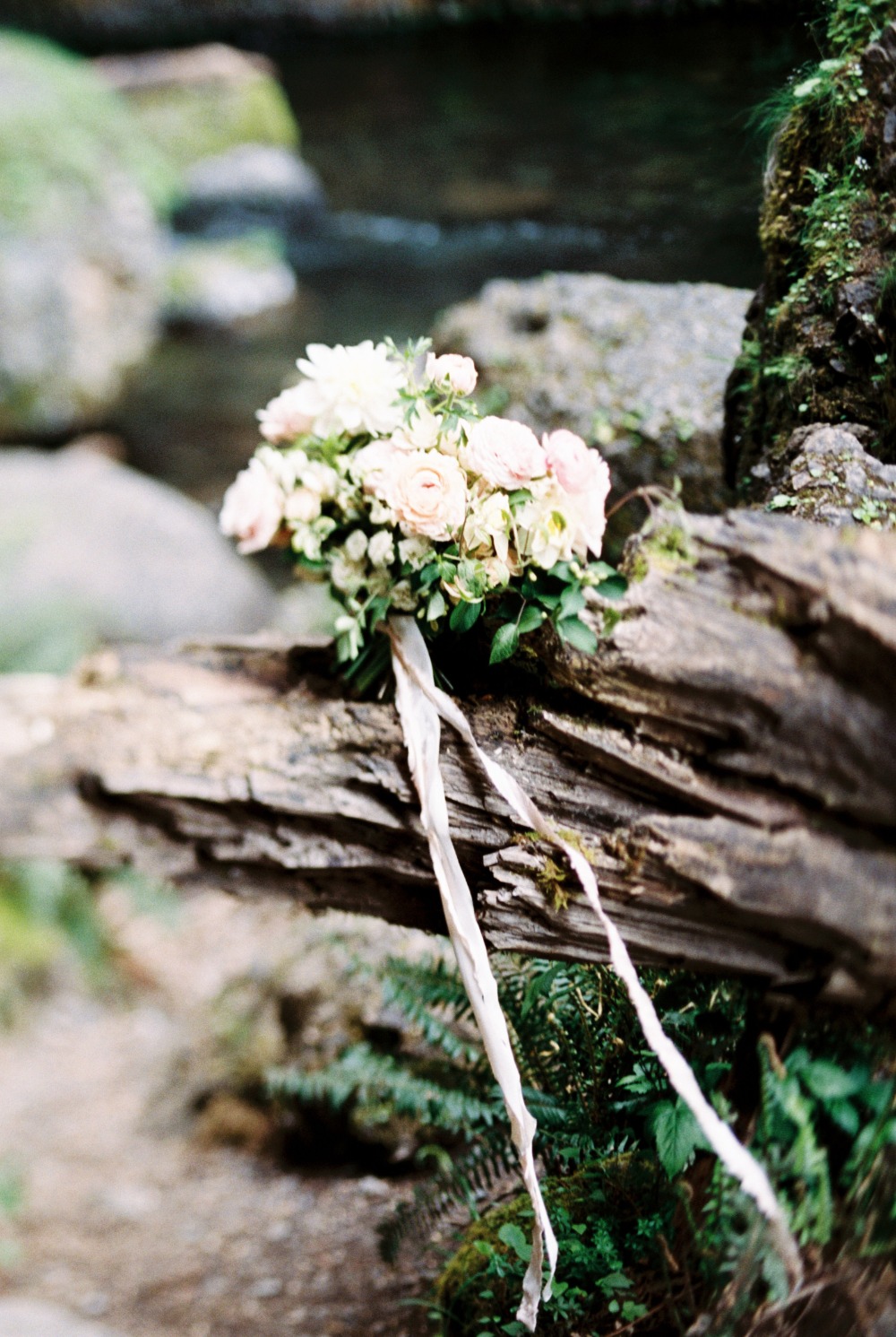 Bridal bouquet with ribbons on a mossy log outdoors