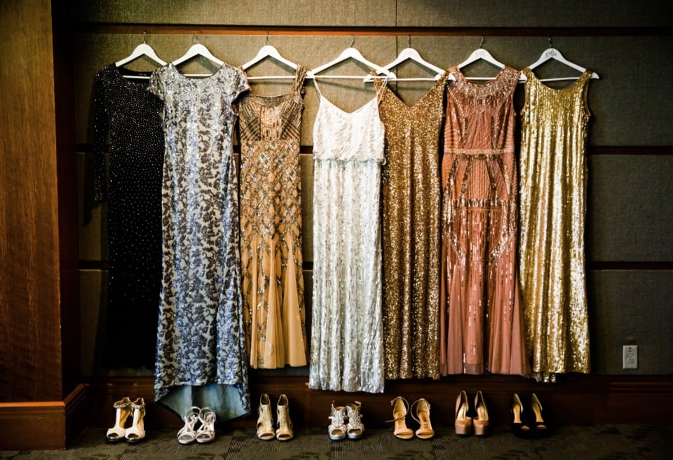 mismatched metallic bridesmaid dresses and shoes