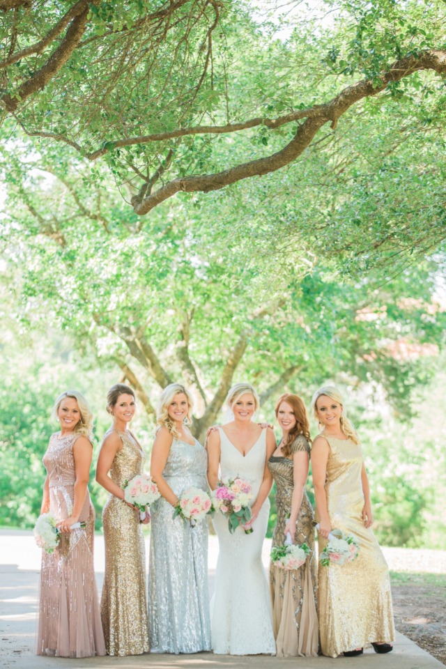 bridesmaids in assorted metallic dresses