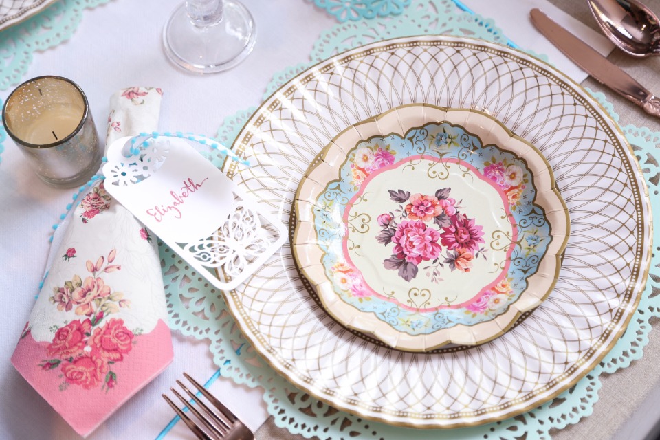 pretty gold white and teal place setting