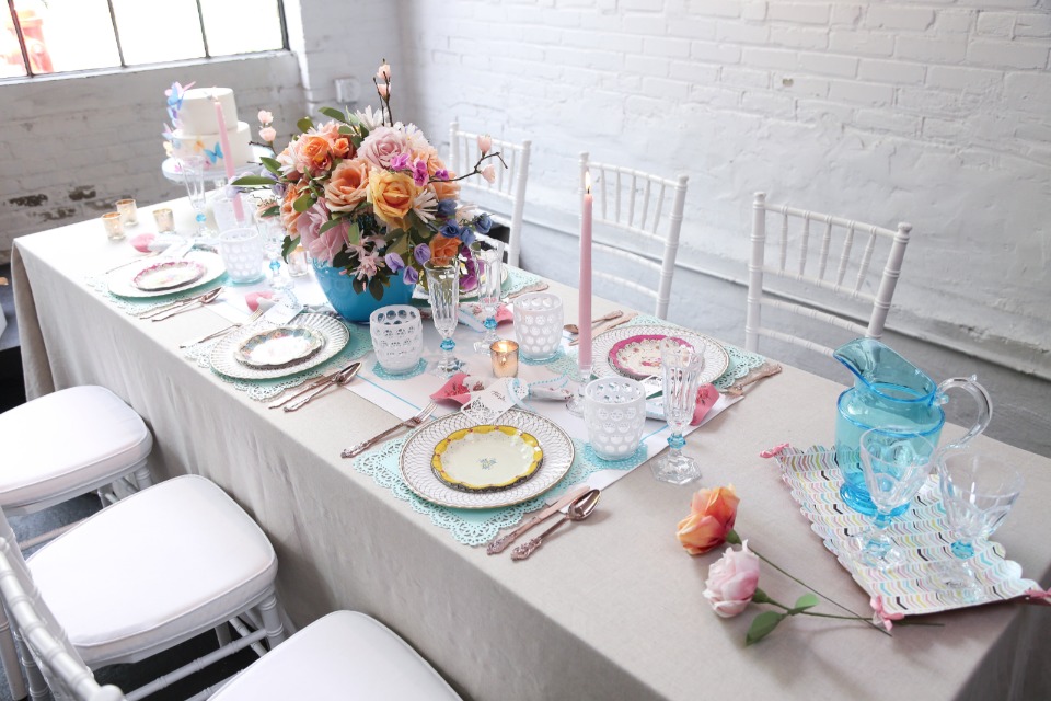 shabby chic table setting in assorted colors