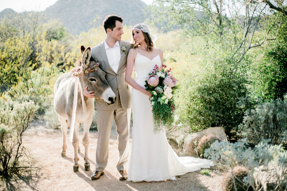 bride groom and burro in desert style