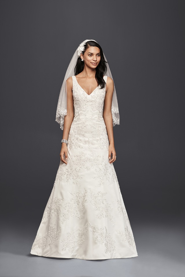 Oleg Cassini V-Neck Lace A-Line Wedding Dress