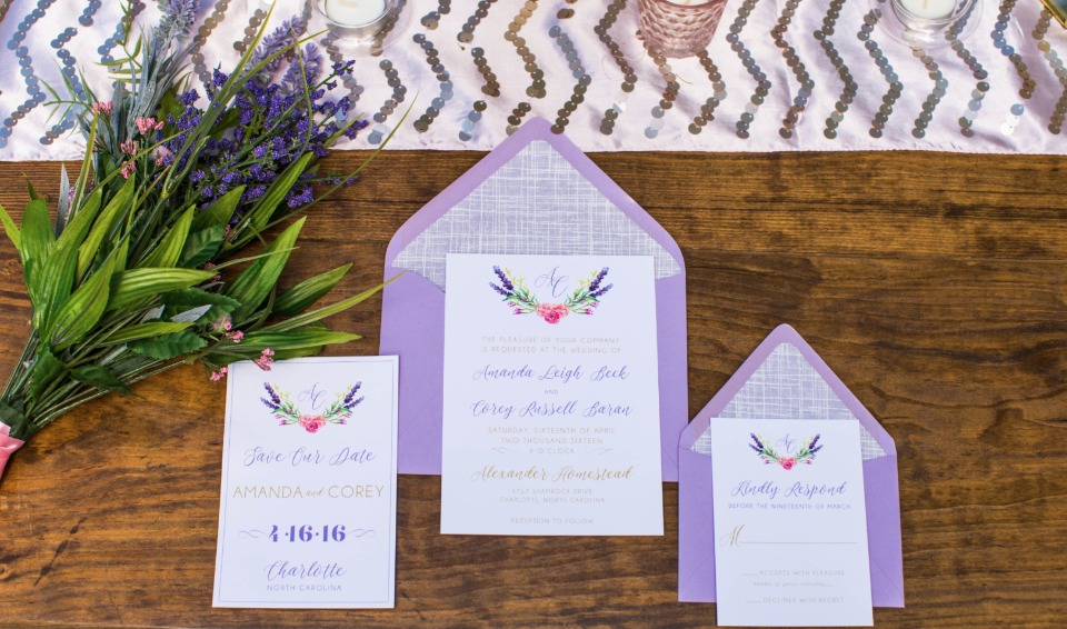 purple and flower inspired wedding invitations suite