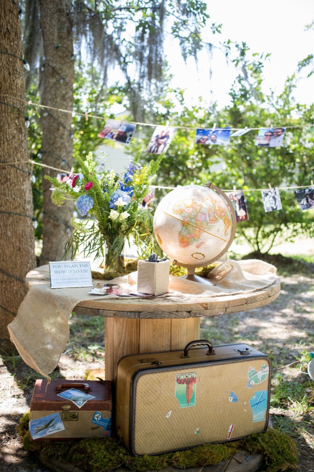 travel themed guest book table and photo display