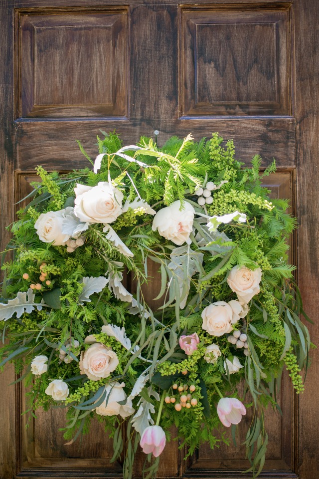 green and peach wedding wreath