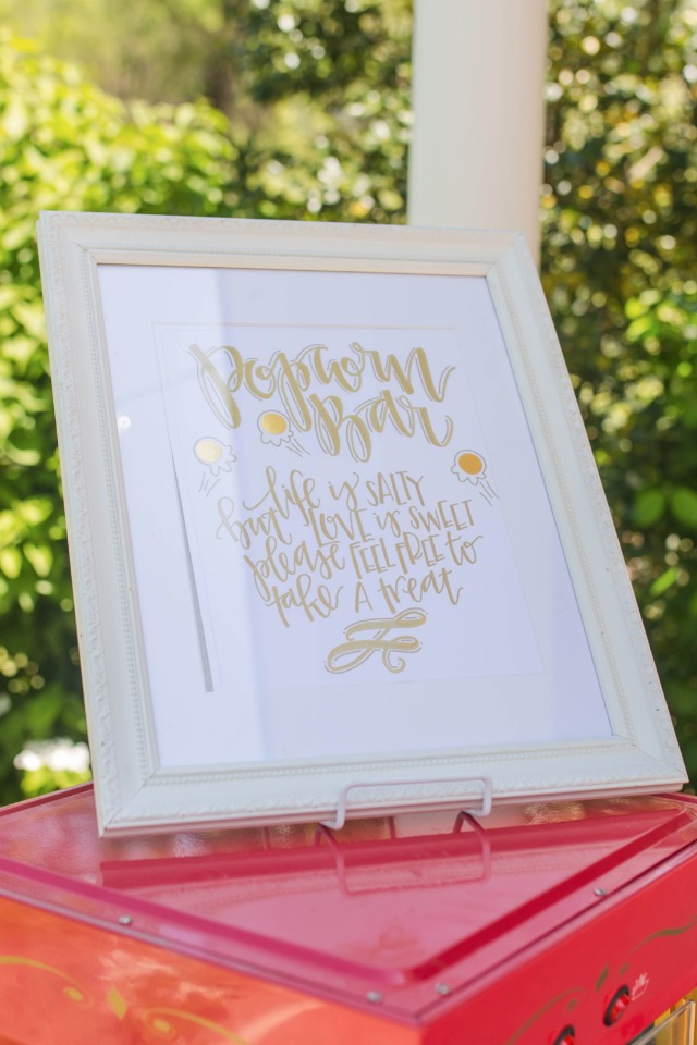 gold and white custom calligraphy popcorn bar sign