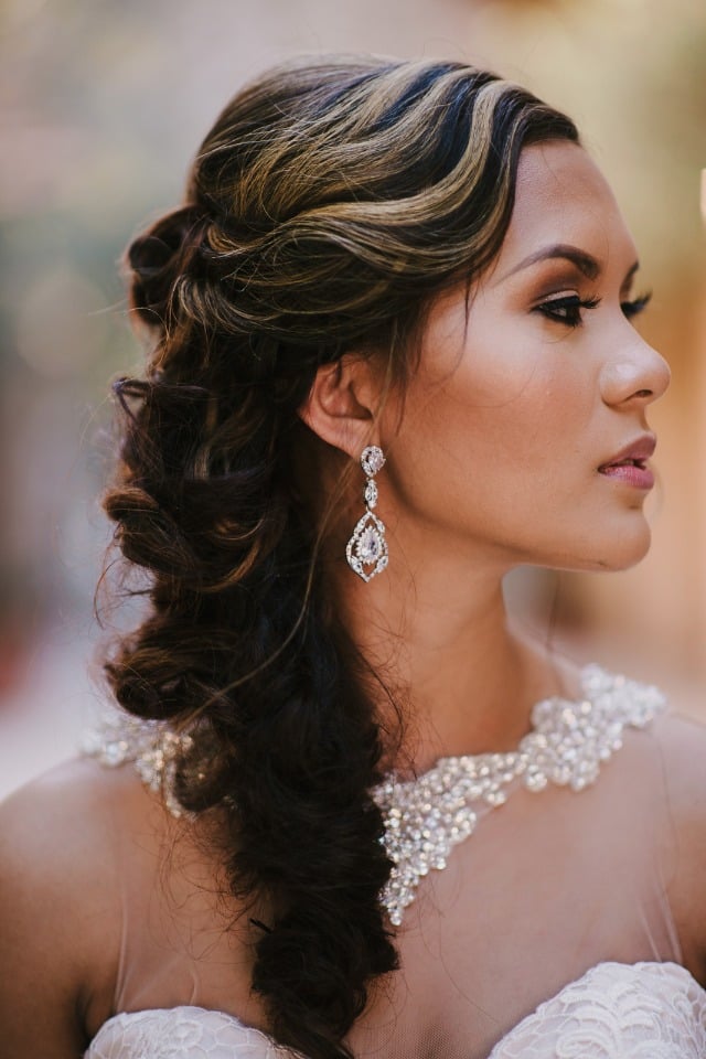 half up wedding hair and chandelier wedding earrings